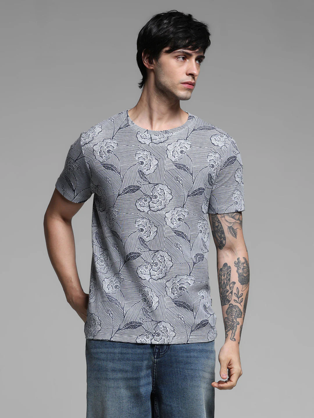 Blue Floral Print Cotton T-shirt - Image 2