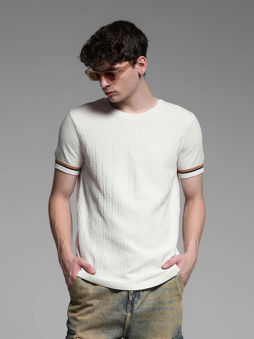White Knitted Crew Neck Pullover
