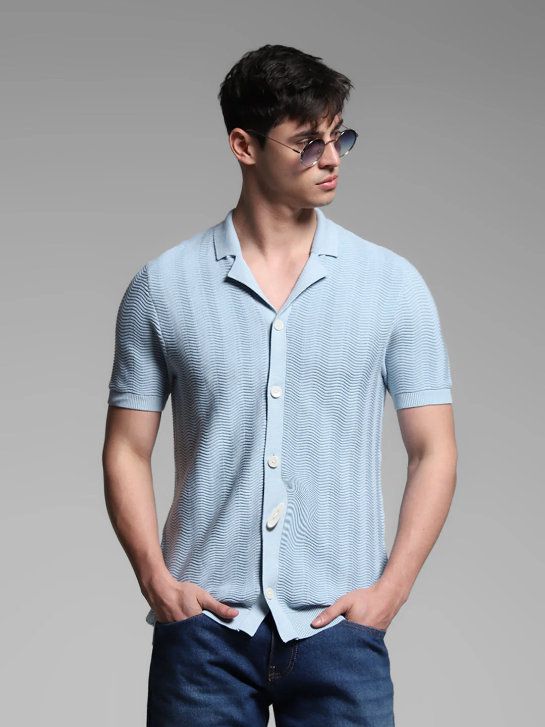 Light Blue Front Open Knit Polo