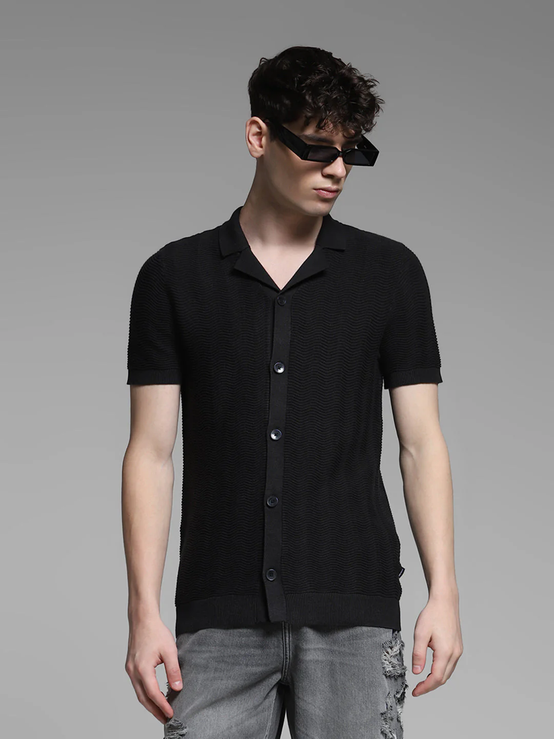 Black Front Open Knit Polo