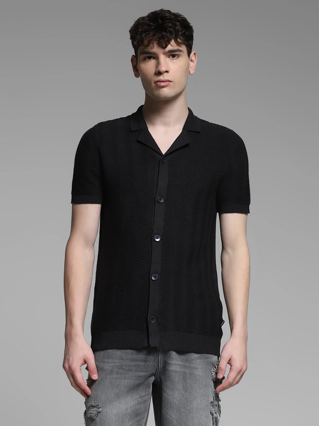 Black Front Open Knit Polo - Image 2