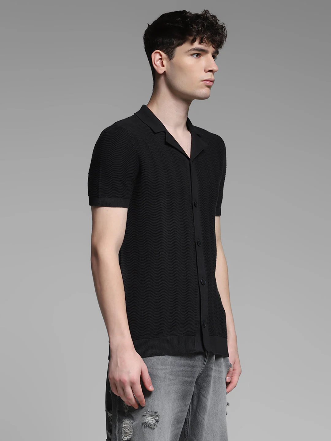 Black Front Open Knit Polo - Image 3