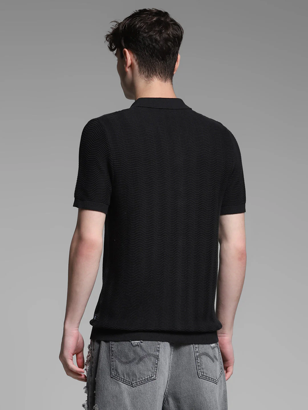 Black Front Open Knit Polo - Image 4