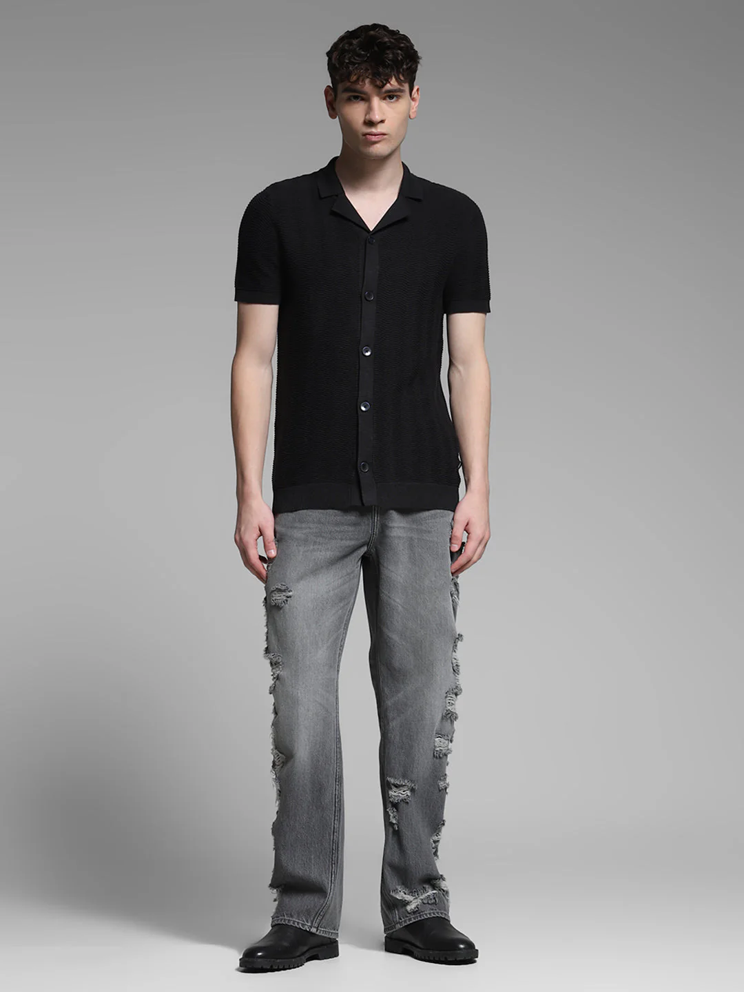 Black Front Open Knit Polo - Image 6