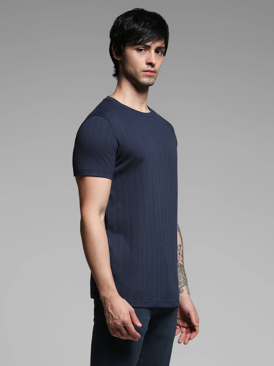 Blue Jacquard Crew Neck T-shirt - Image 3