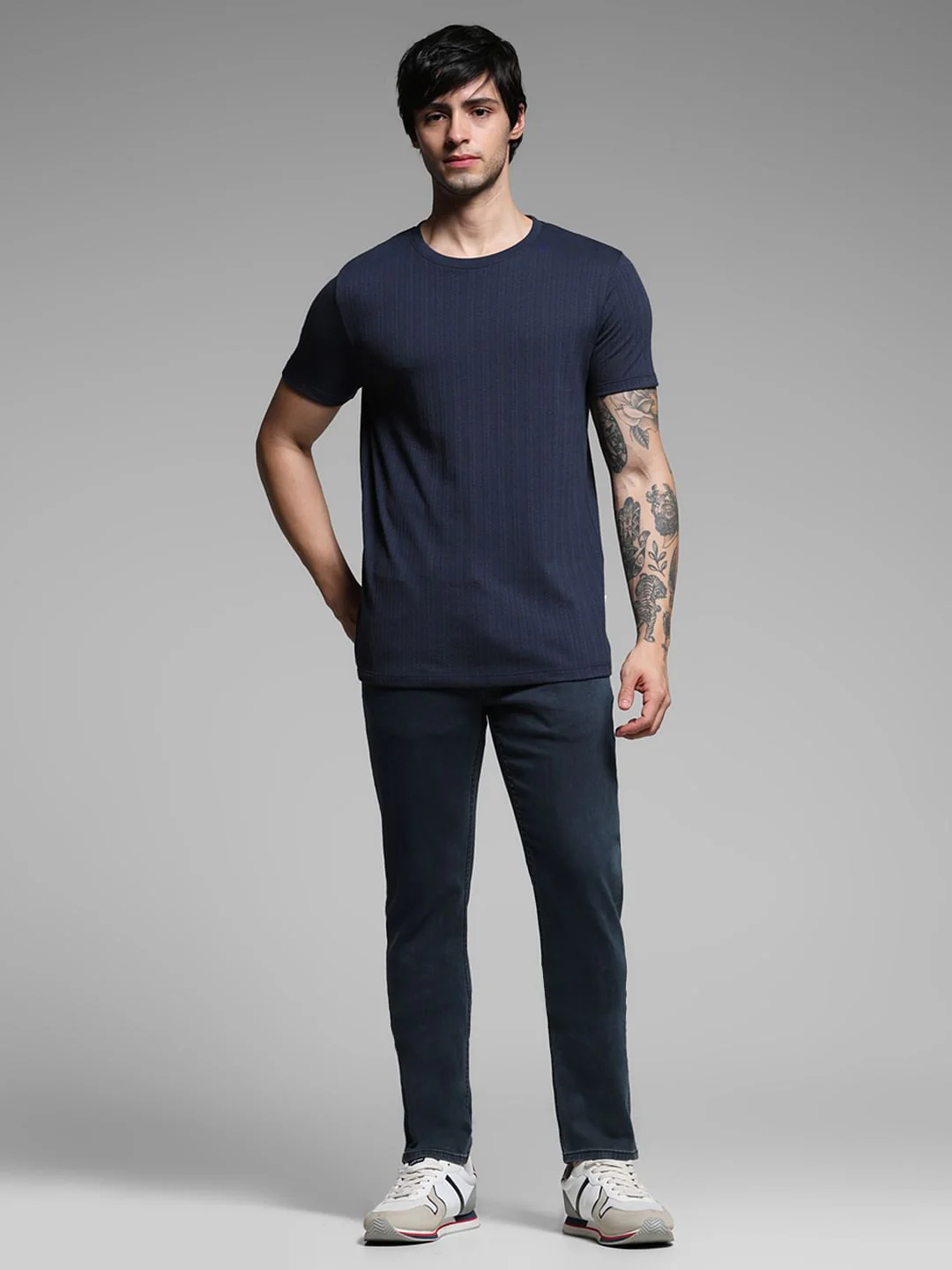 Blue Jacquard Crew Neck T-shirt - Image 6