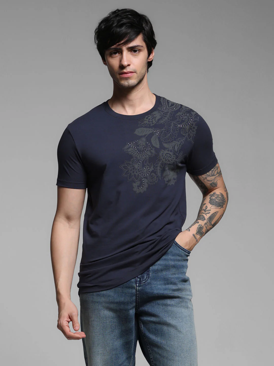 Blue Printed Crew Neck Slim Fit T-shirt - Image 2