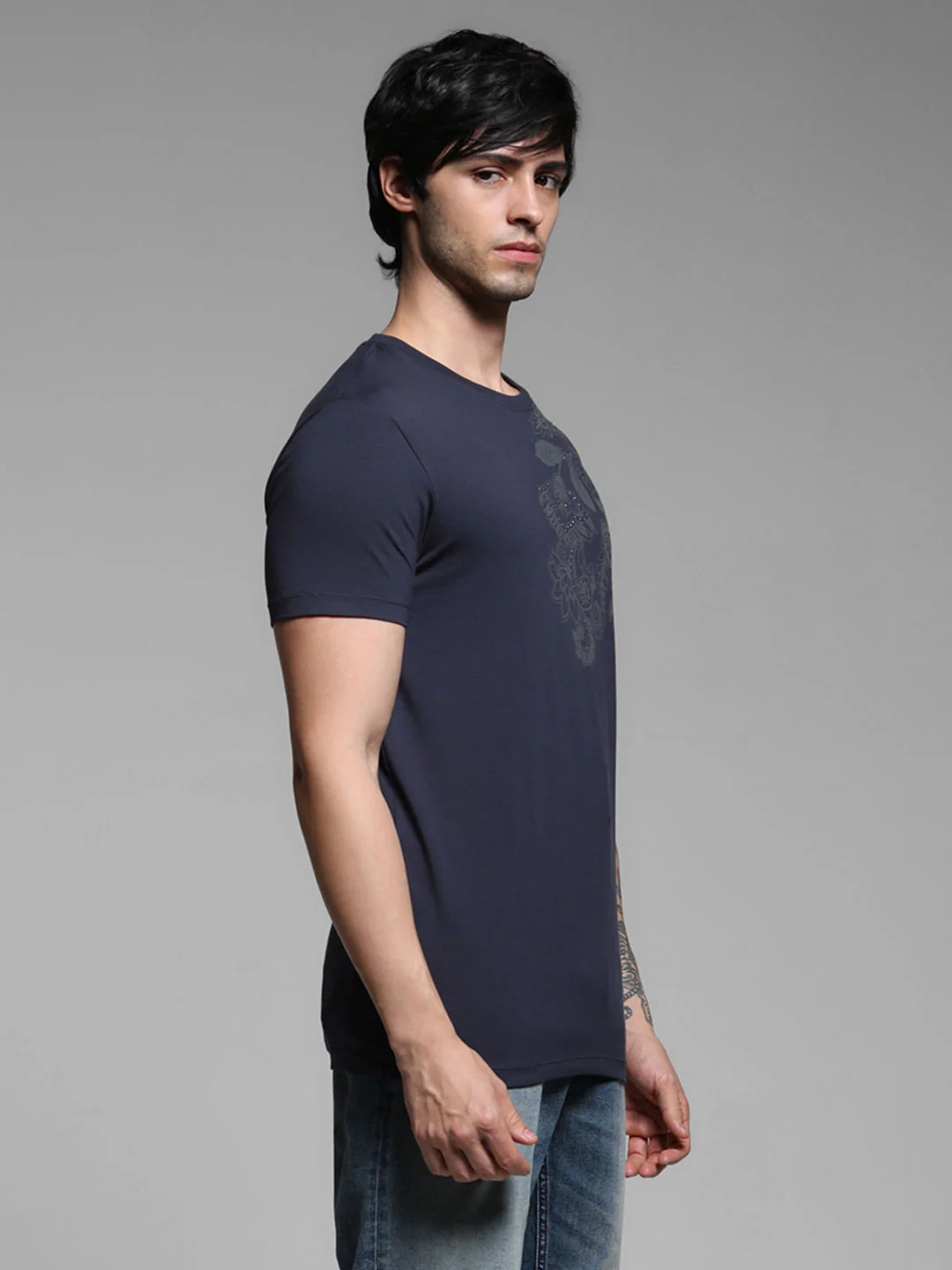 Blue Printed Crew Neck Slim Fit T-shirt - Image 3