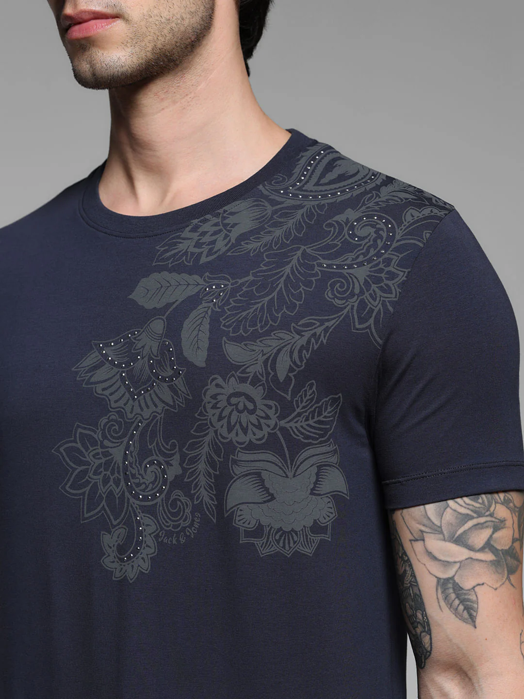 Blue Printed Crew Neck Slim Fit T-shirt - Image 5