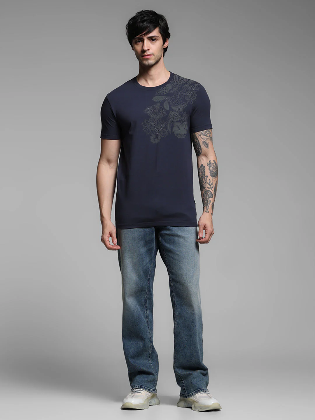 Blue Printed Crew Neck Slim Fit T-shirt - Image 6