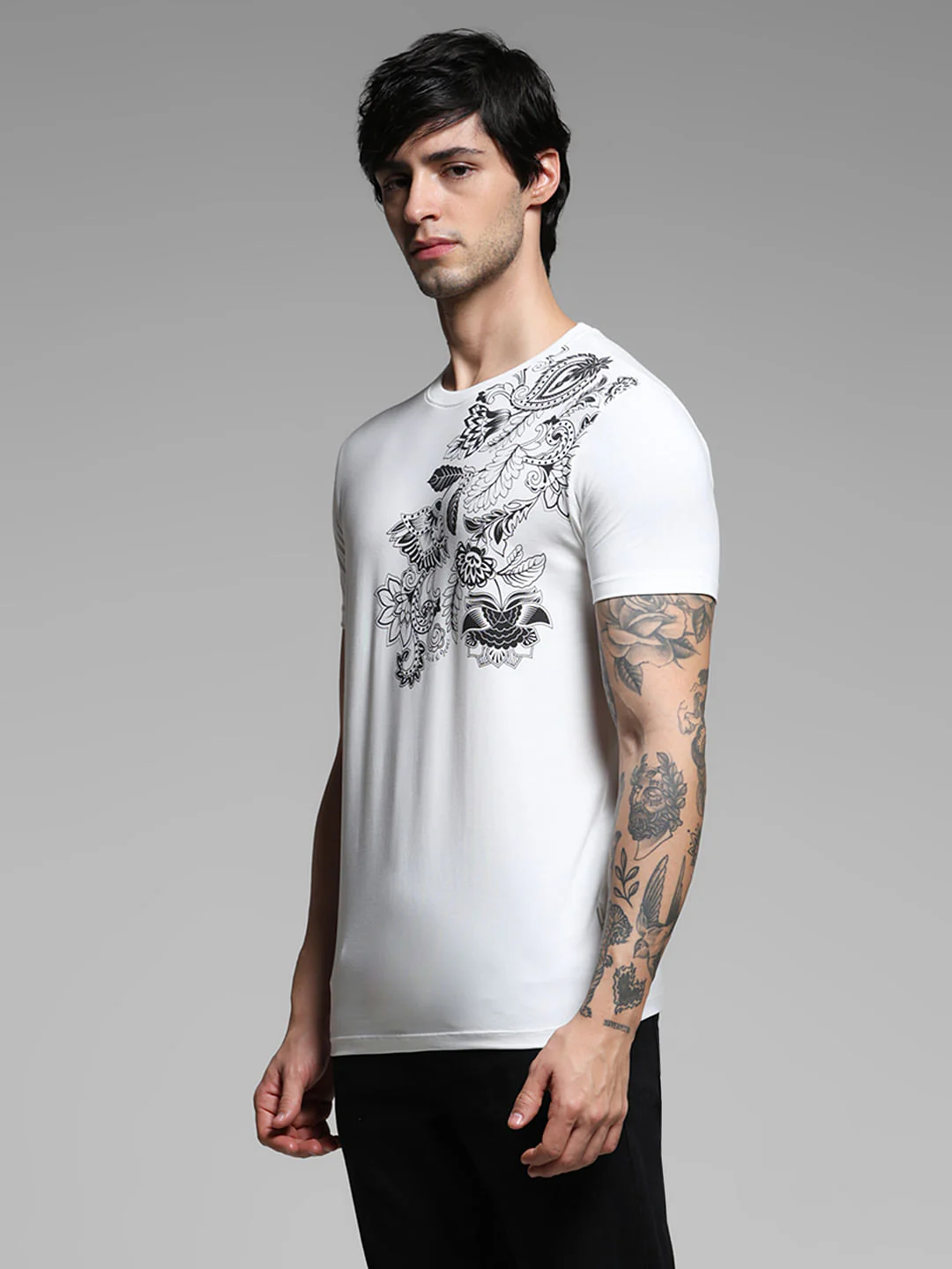 White Printed Crew Neck Slim Fit T-shirt - Image 3