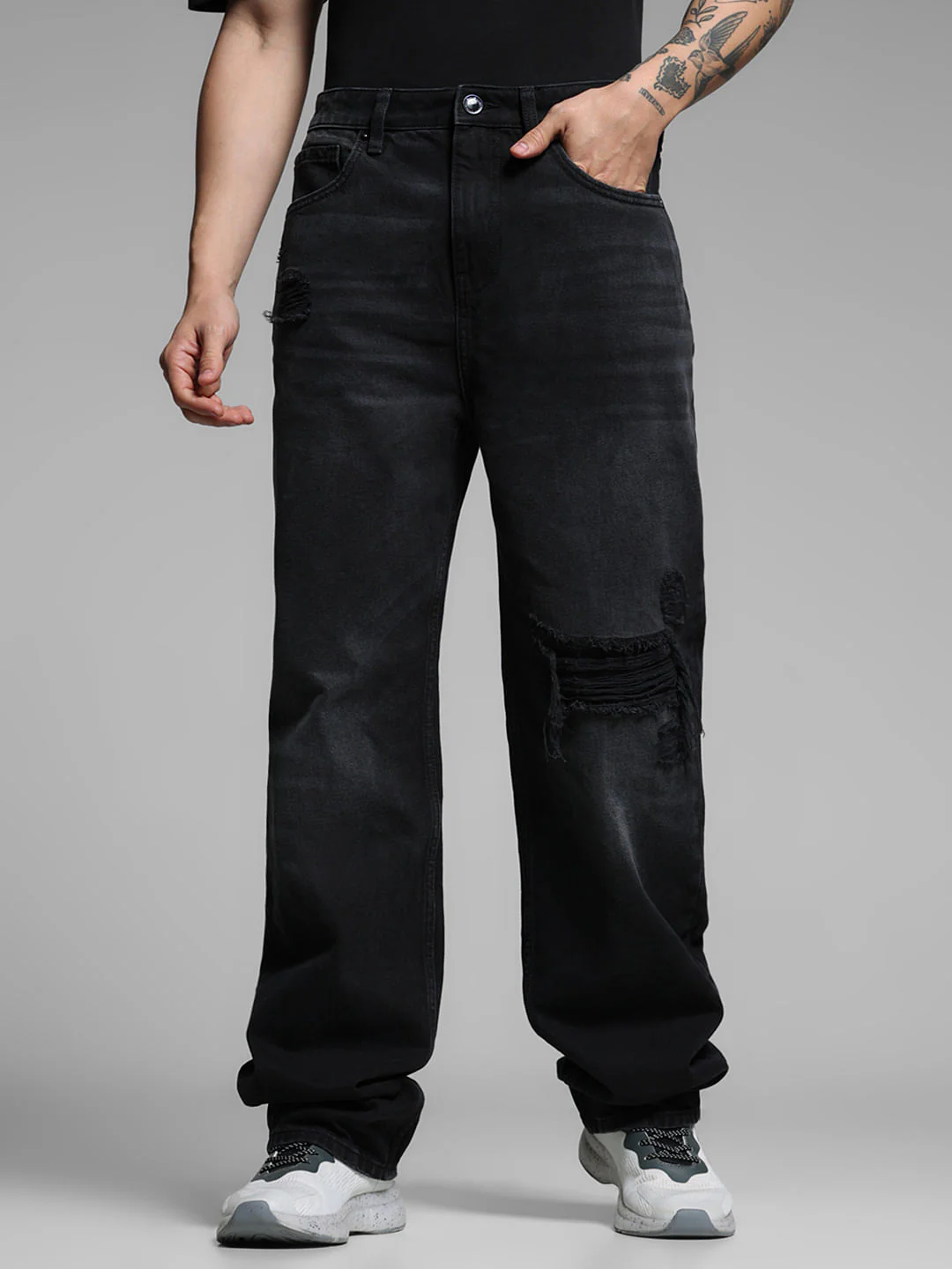 Black High Rise Distressed Dario Loose Fit Jeans