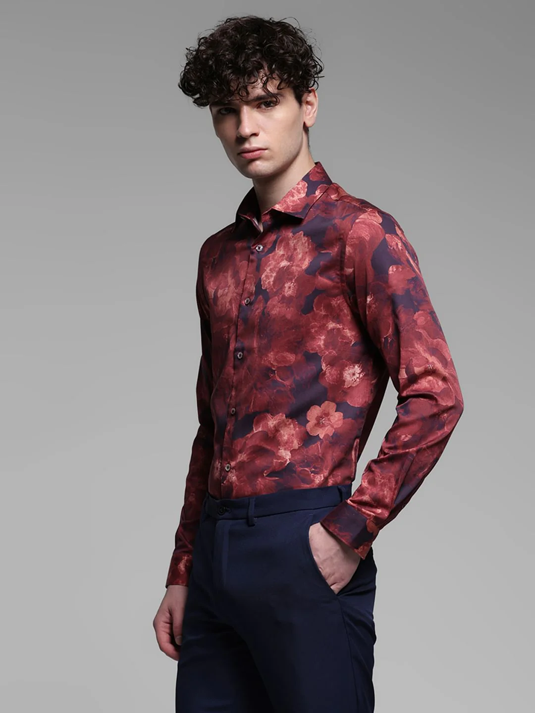 Red Floral Cotton Full Sleeves Shirt - Image 3