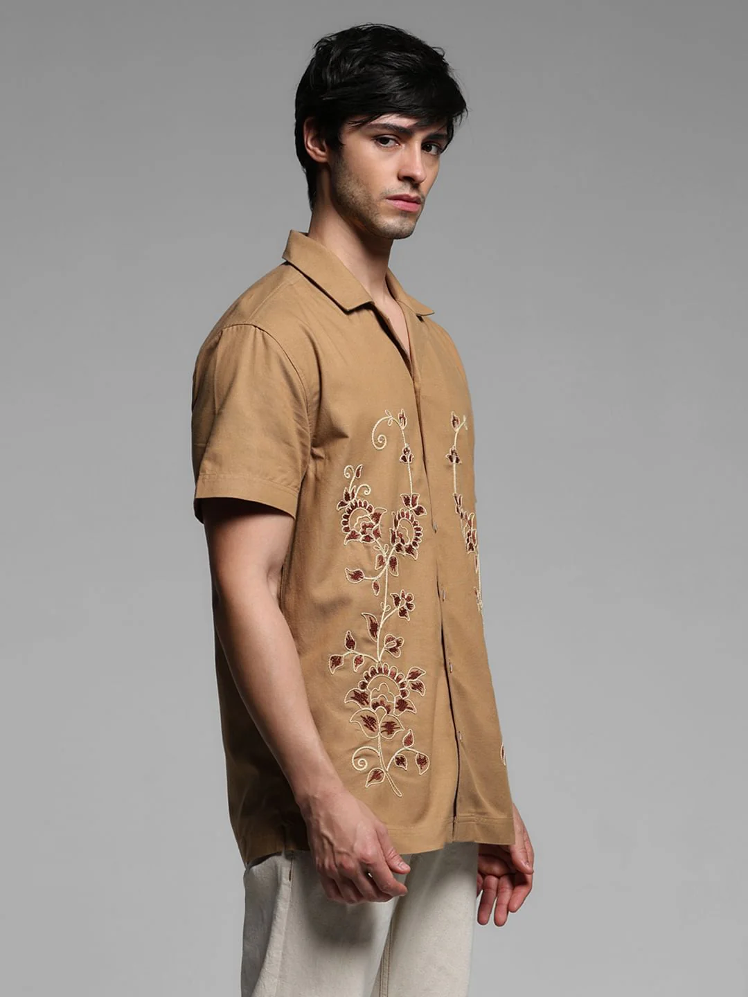 Beige Embroidered Cotton Shirt - Image 3