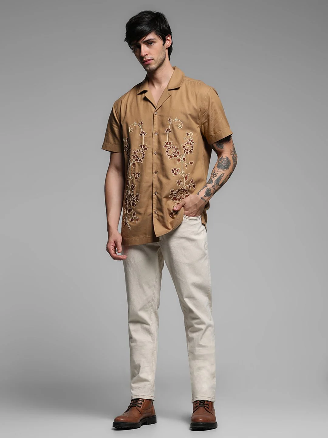 Beige Embroidered Cotton Shirt - Image 6