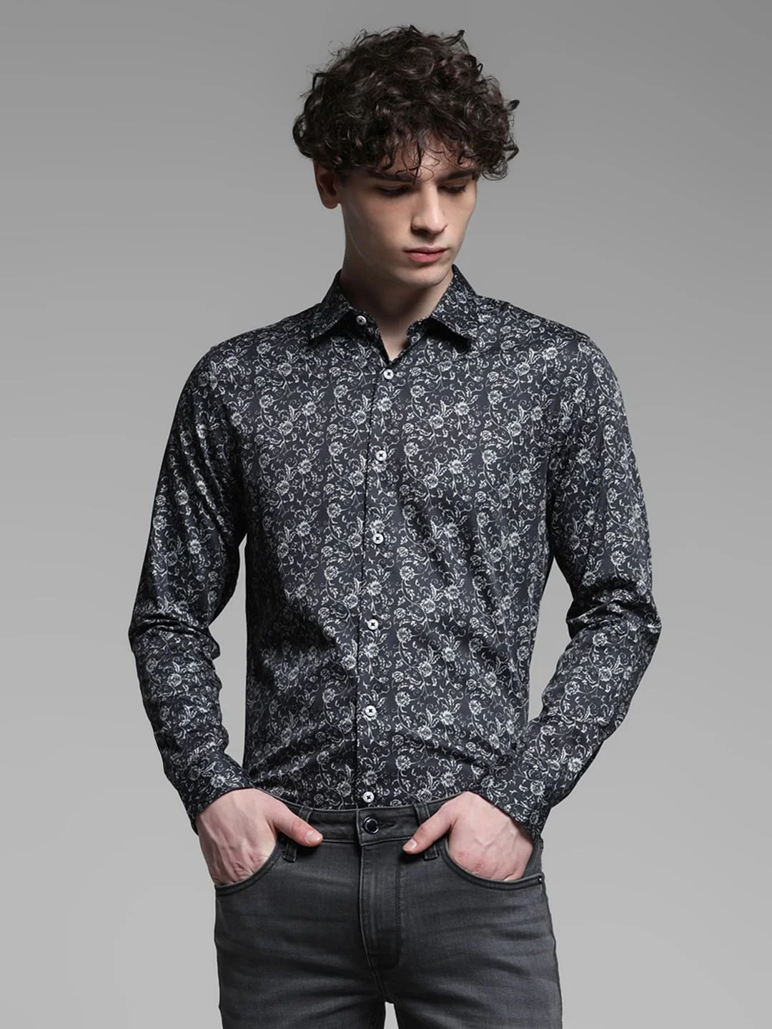 Black Floral Cotton Full Sleeves Shirt - Image 2