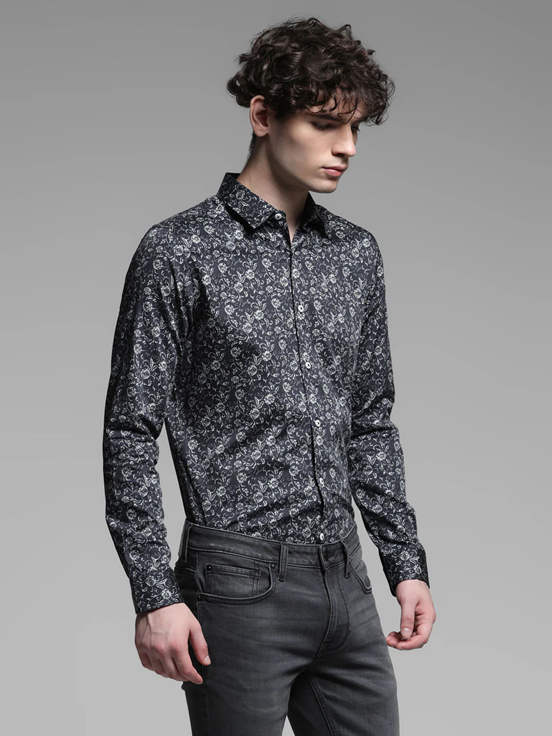 Black Floral Cotton Full Sleeves Shirt - Image 3