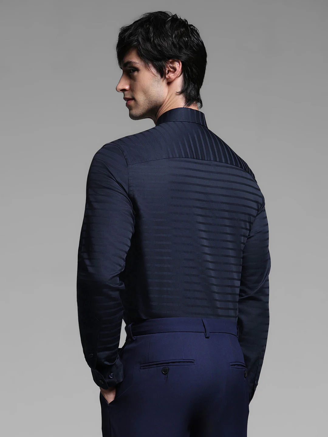 Dark Blue Striped Dobby Full Sleeves Shirt - Image 4