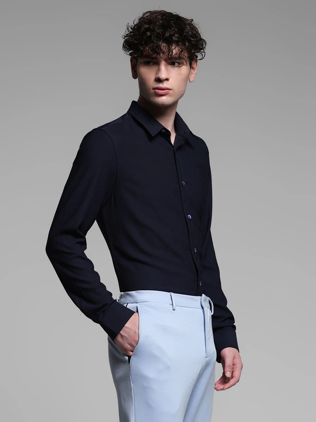 Dark Blue Dobby Full Sleeves Shirt - Image 3