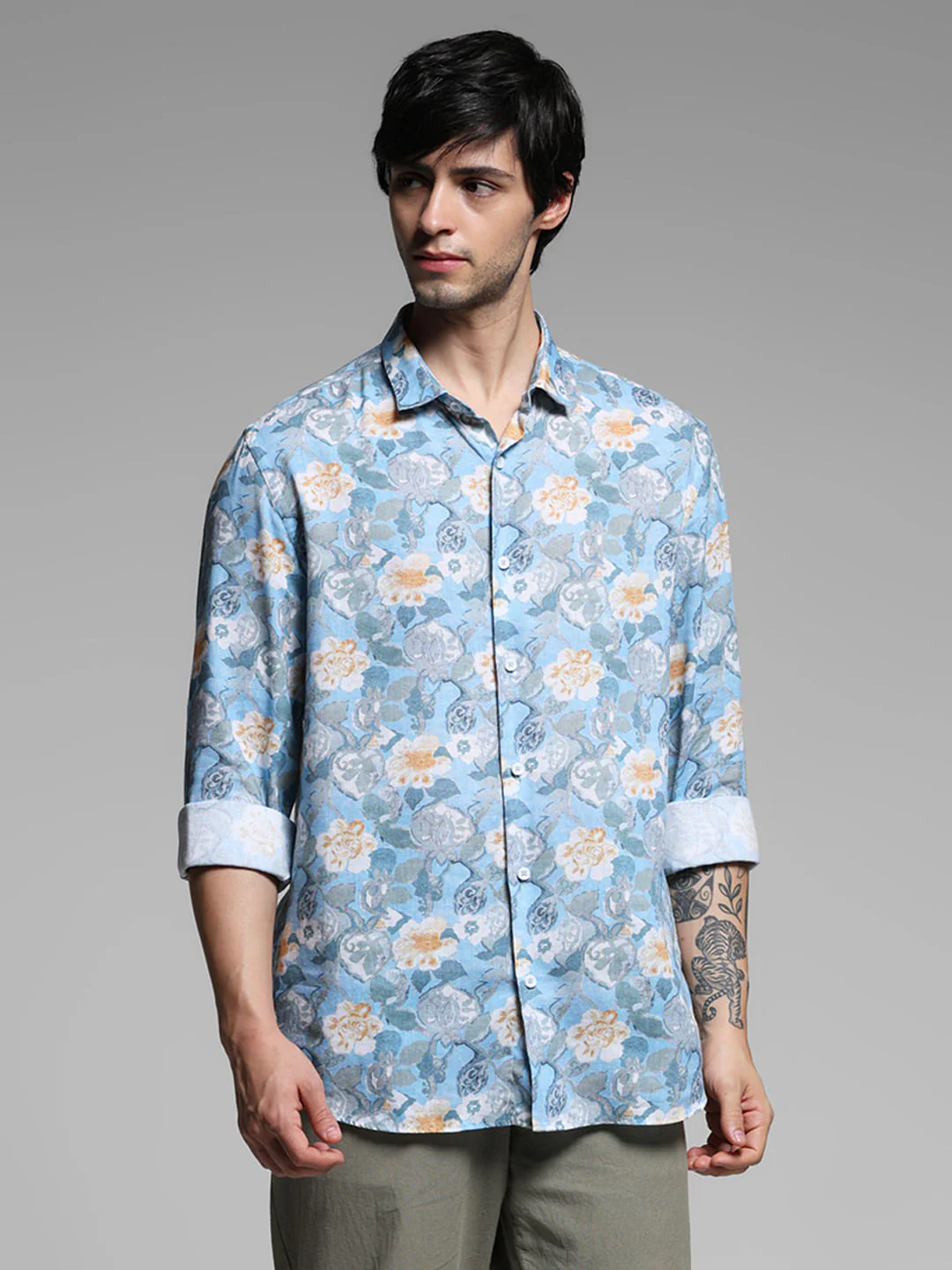 Blue Floral Print Lyocell Linen Shirt - Image 2
