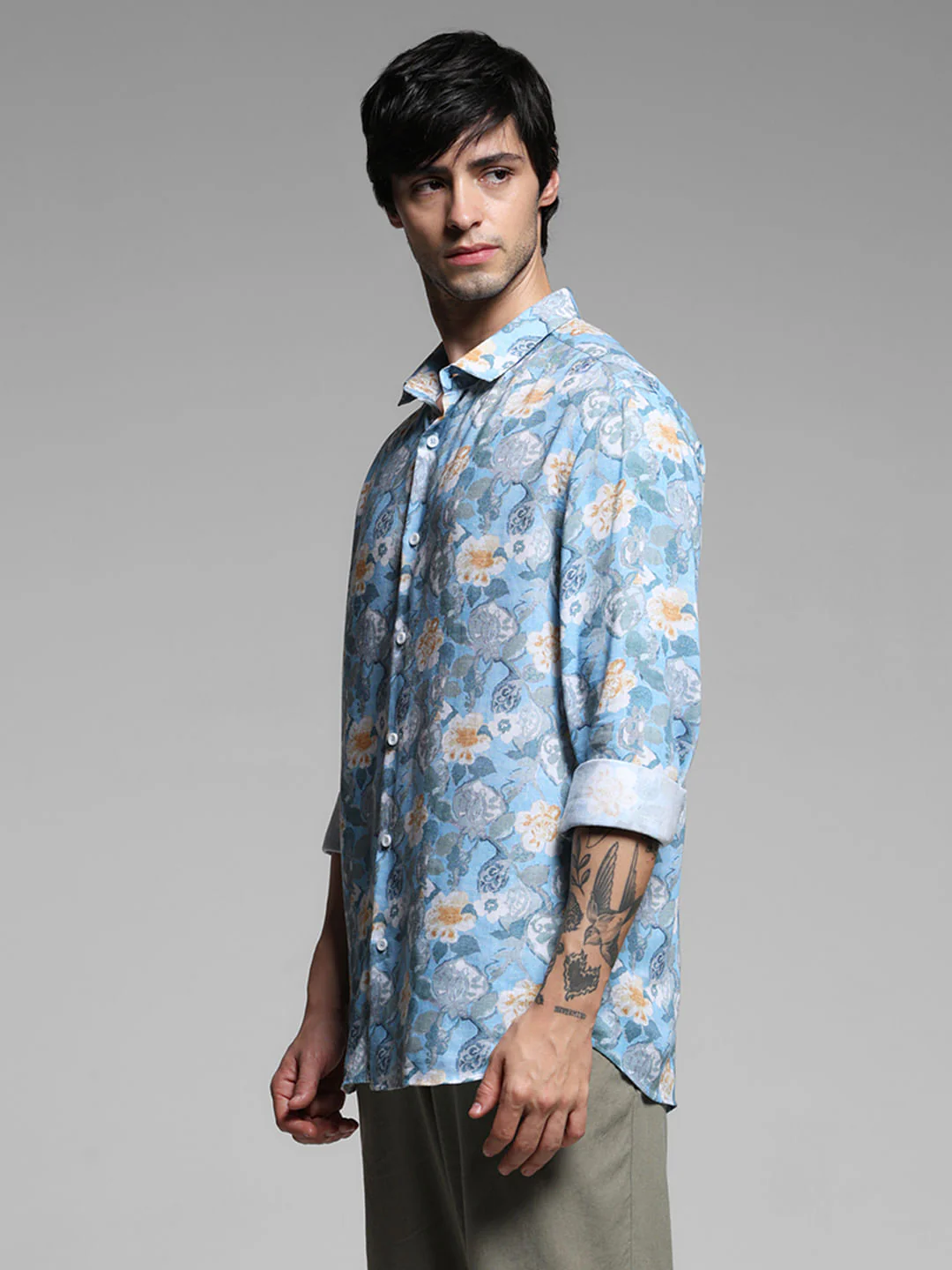 Blue Floral Print Lyocell Linen Shirt - Image 3