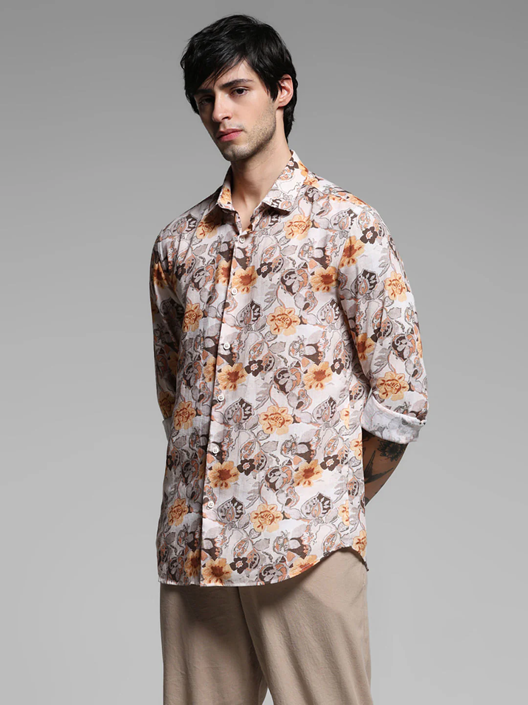 Beige Floral Print Lyocell Linen Shirt - Image 2