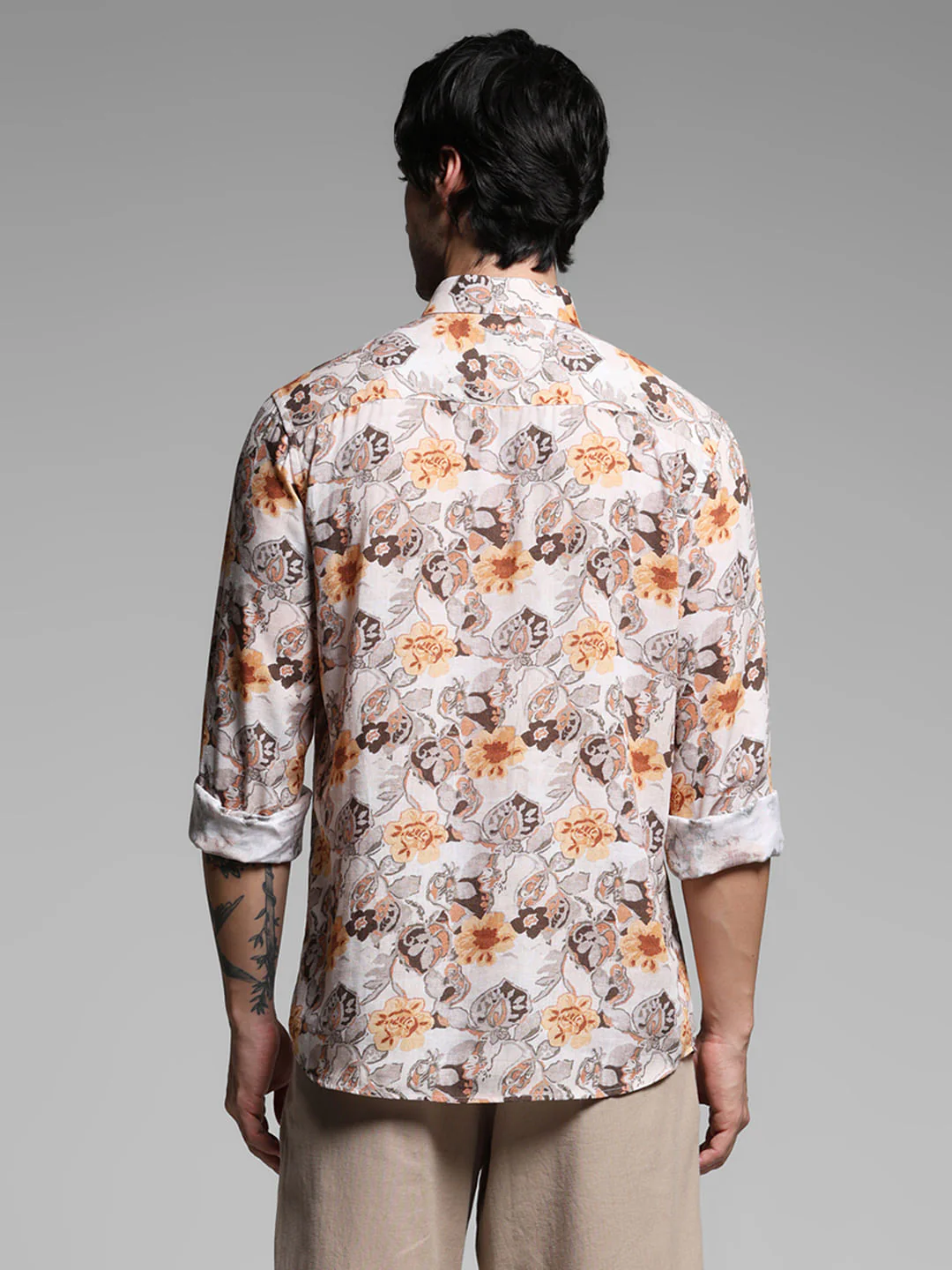 Beige Floral Print Lyocell Linen Shirt - Image 4