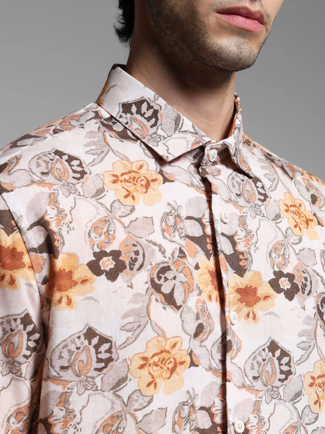 Beige Floral Print Lyocell Linen Shirt - Image 5