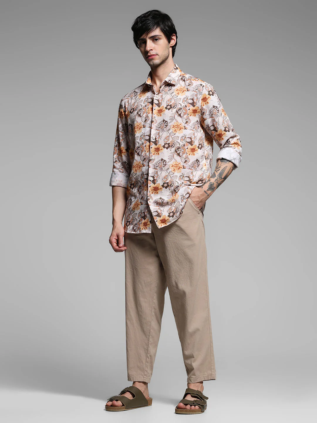Beige Floral Print Lyocell Linen Shirt - Image 6