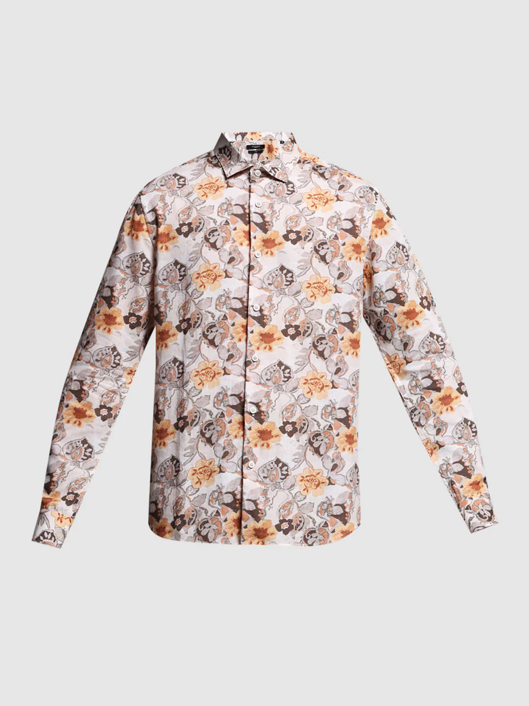 Beige Floral Print Lyocell Linen Shirt - Image 7