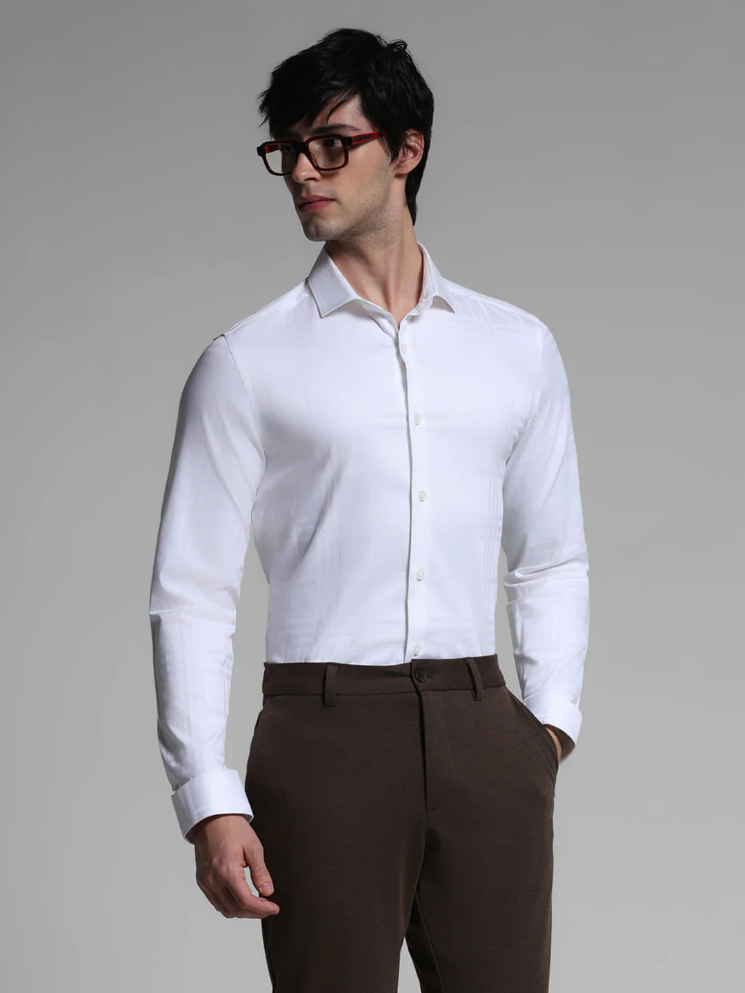 White Dobby Check Print Shirt - Image 2