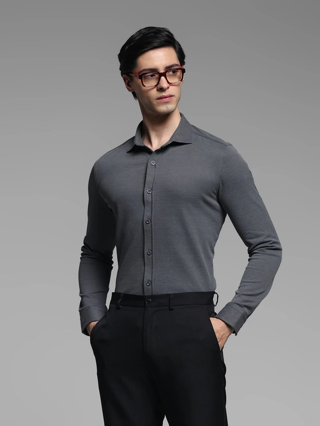 Dark Grey Knitted Full Sleeves Shirt