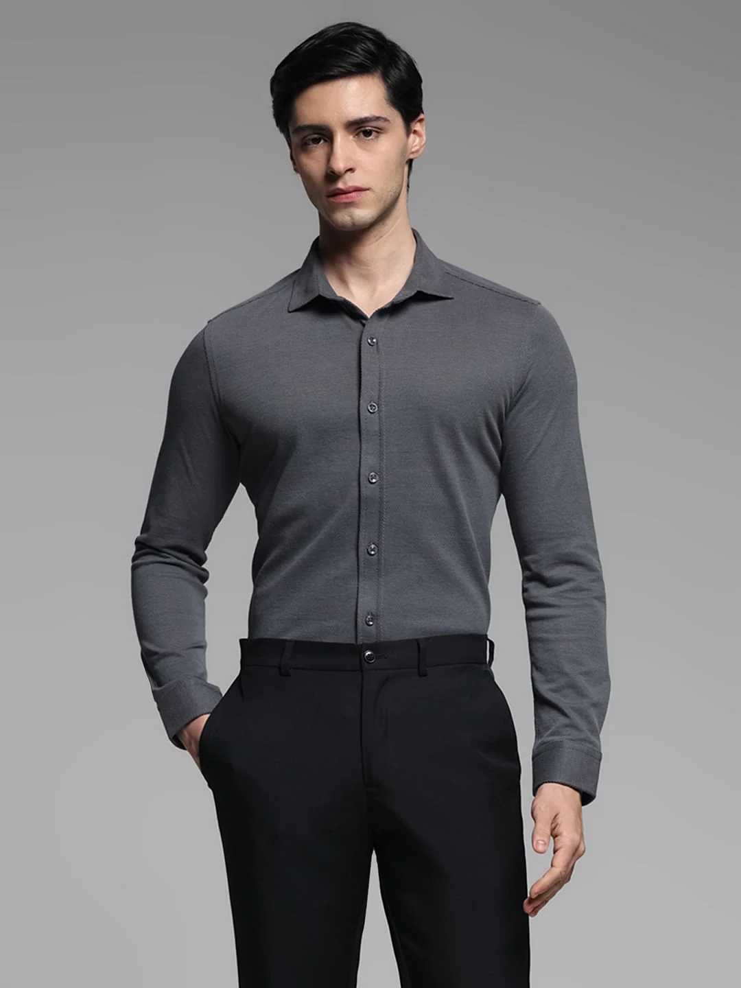 Dark Grey Knitted Full Sleeves Shirt - Image 2