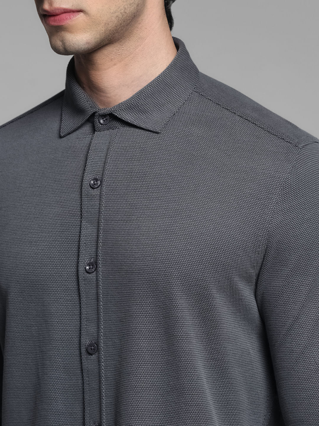 Dark Grey Knitted Full Sleeves Shirt - Image 5