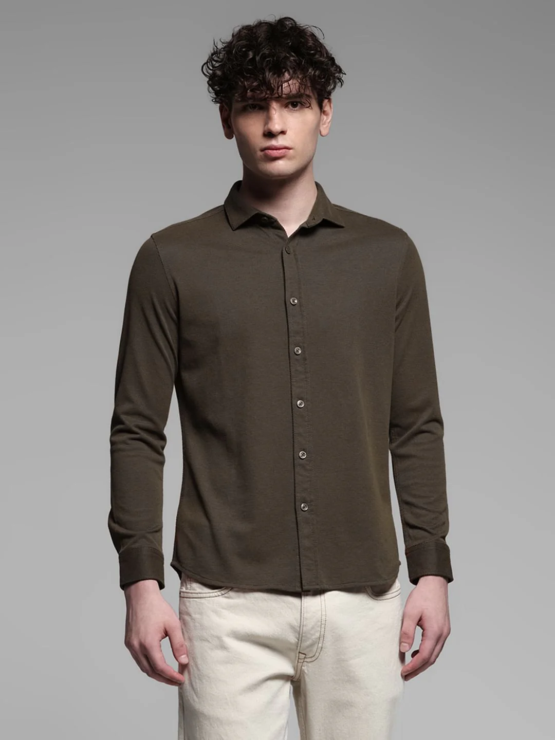 Dark Brown Knitted Full Sleeves Shirt - Image 2