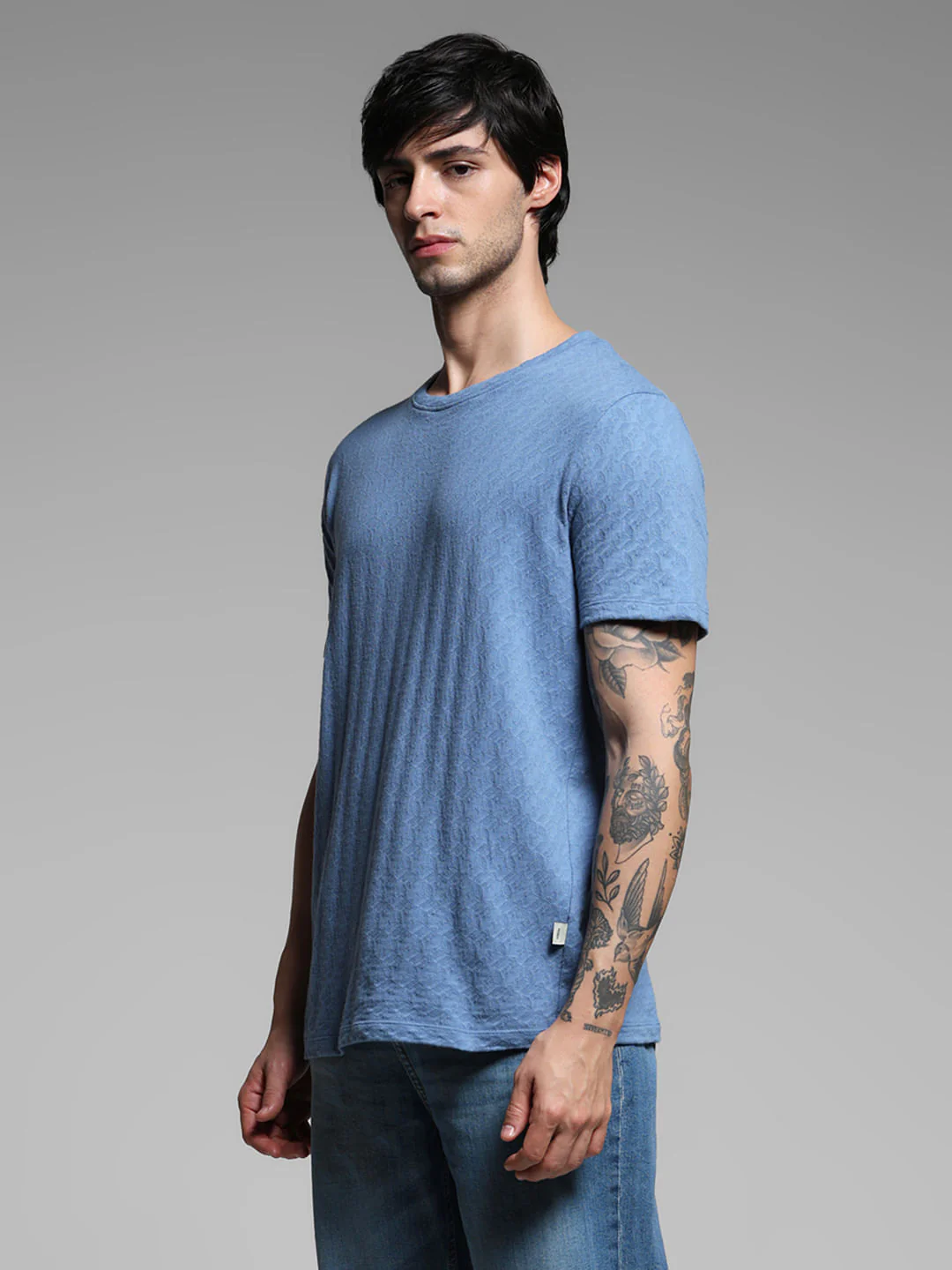Blue Cotton Crew Neck T-shirt - Image 3