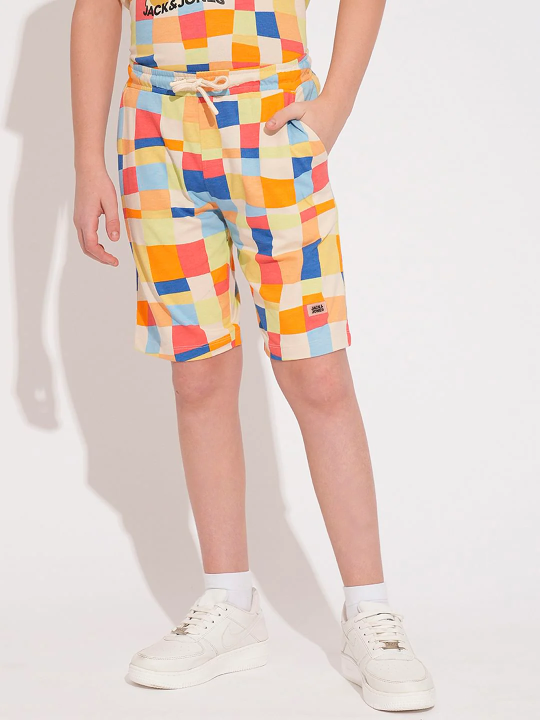 Boys Beige Check Co-ord Set Shorts - Image 2