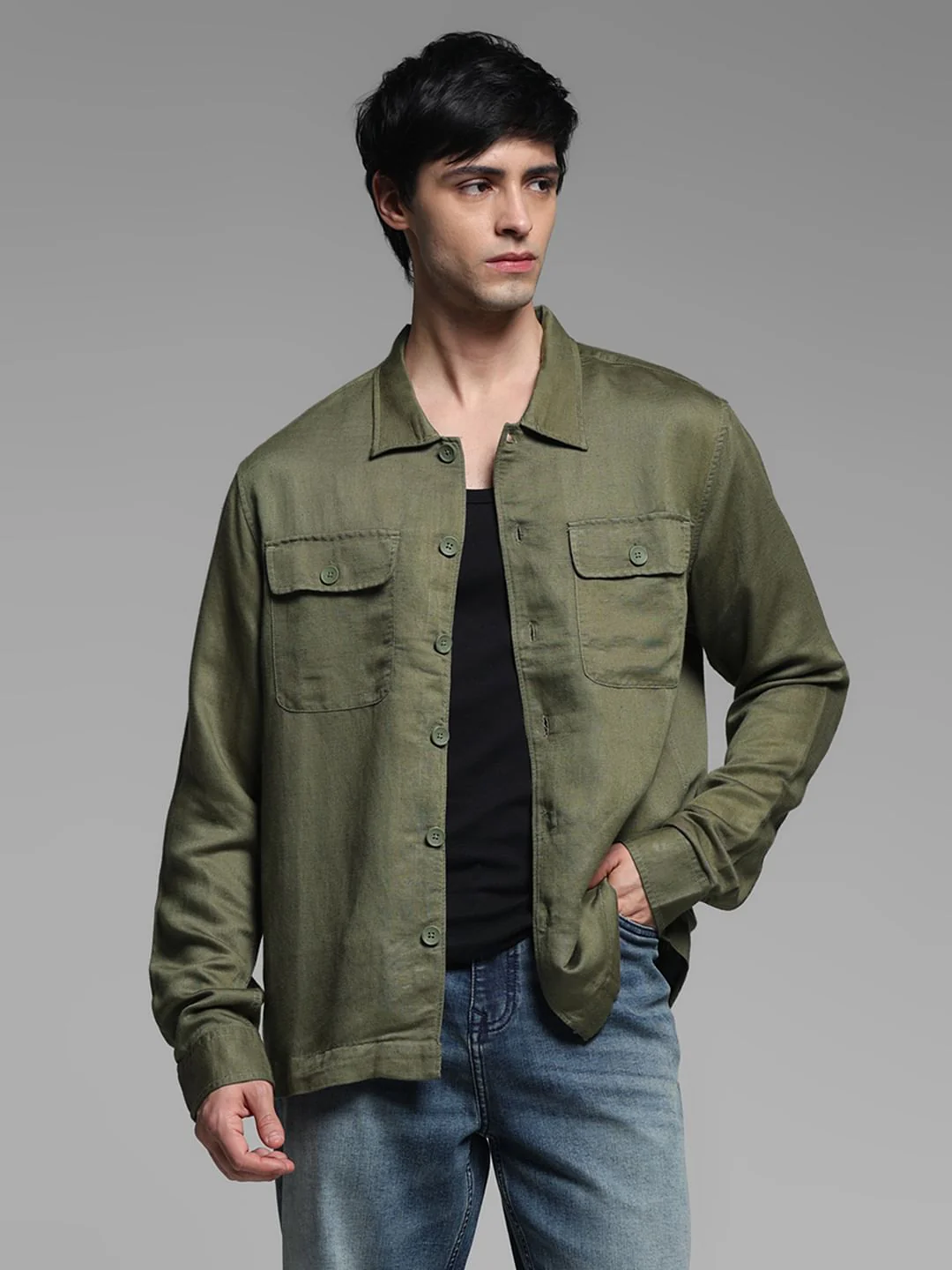 Green Linen Blend Oversized Shirt - Image 2