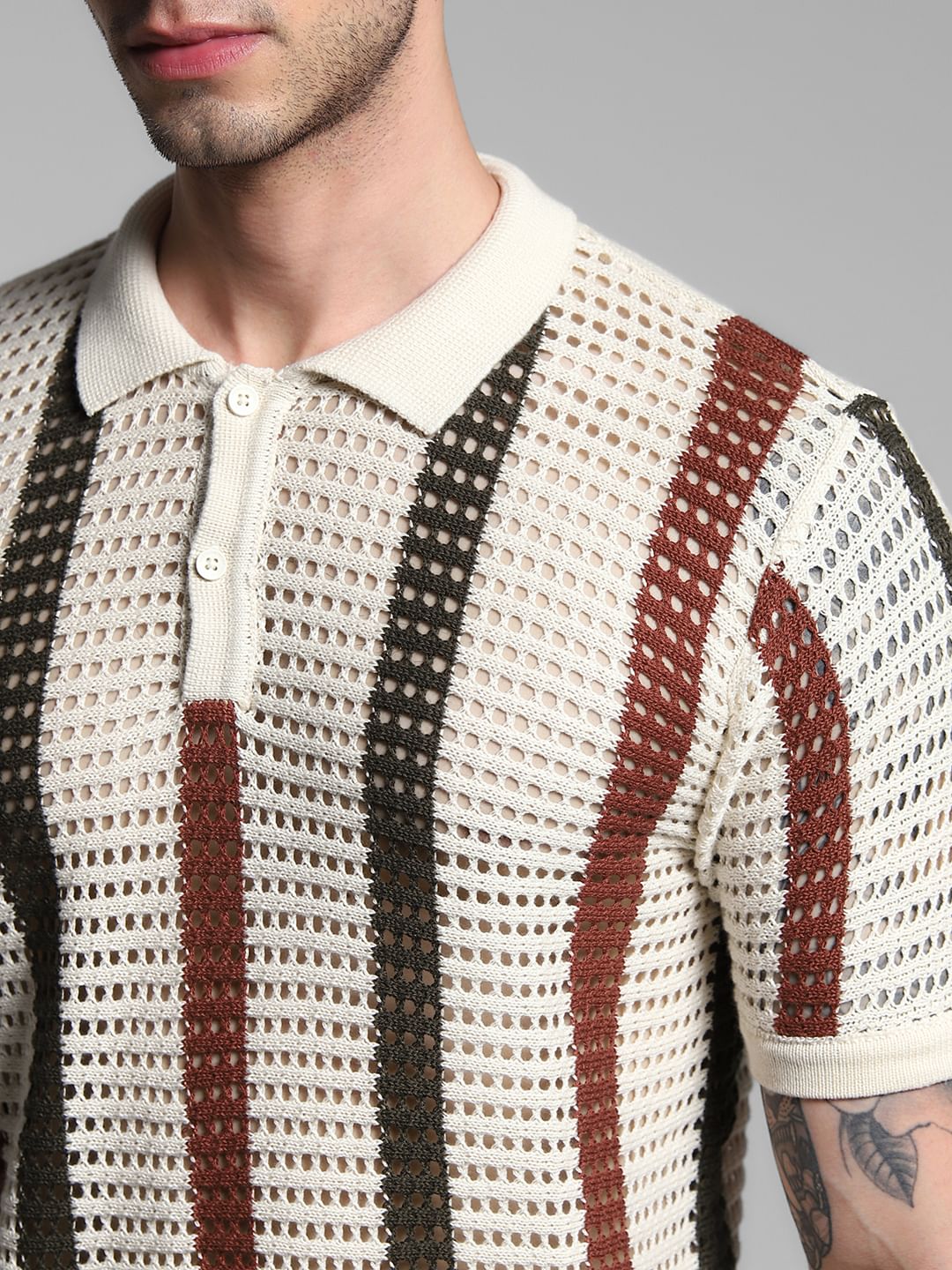 Cream Striped Knitted Polo - Image 5