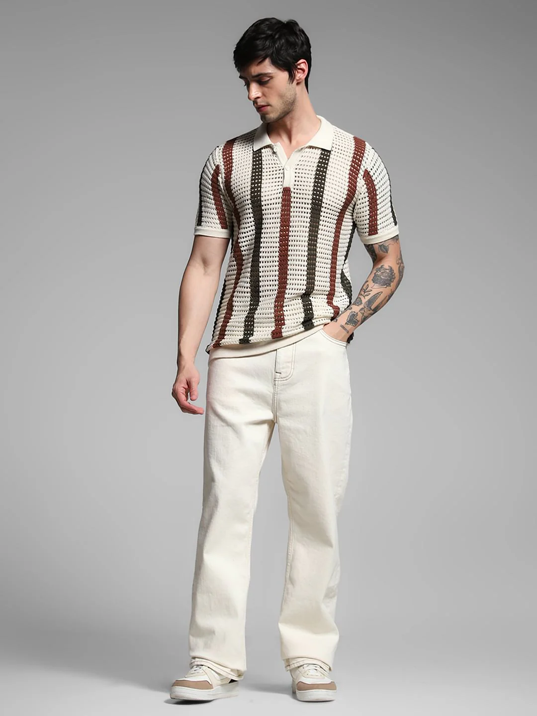 Cream Striped Knitted Polo - Image 6