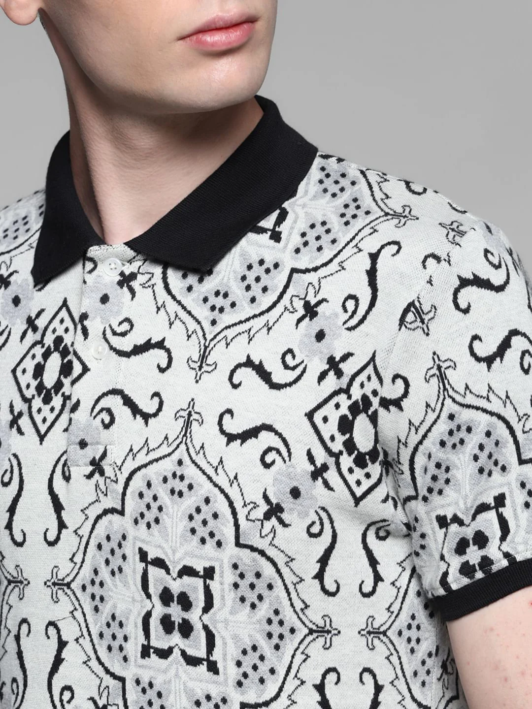 White Jacquard Printed Polo - Image 5