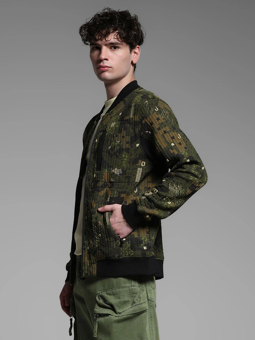 Dark Green Printed Sweat Jacket - Image 3
