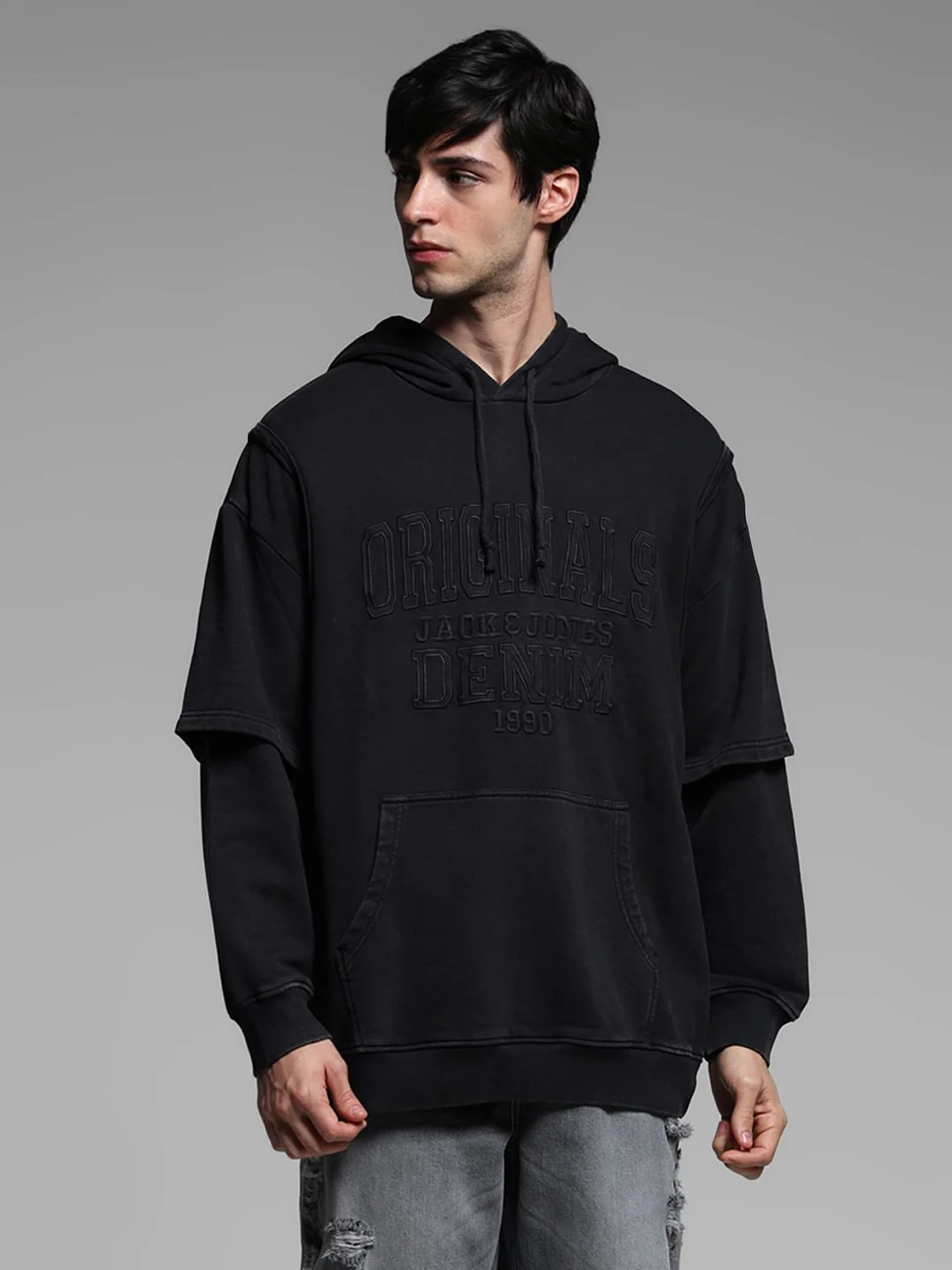 Black Applique Patchwork Hooded Sweatshirt - Image 2