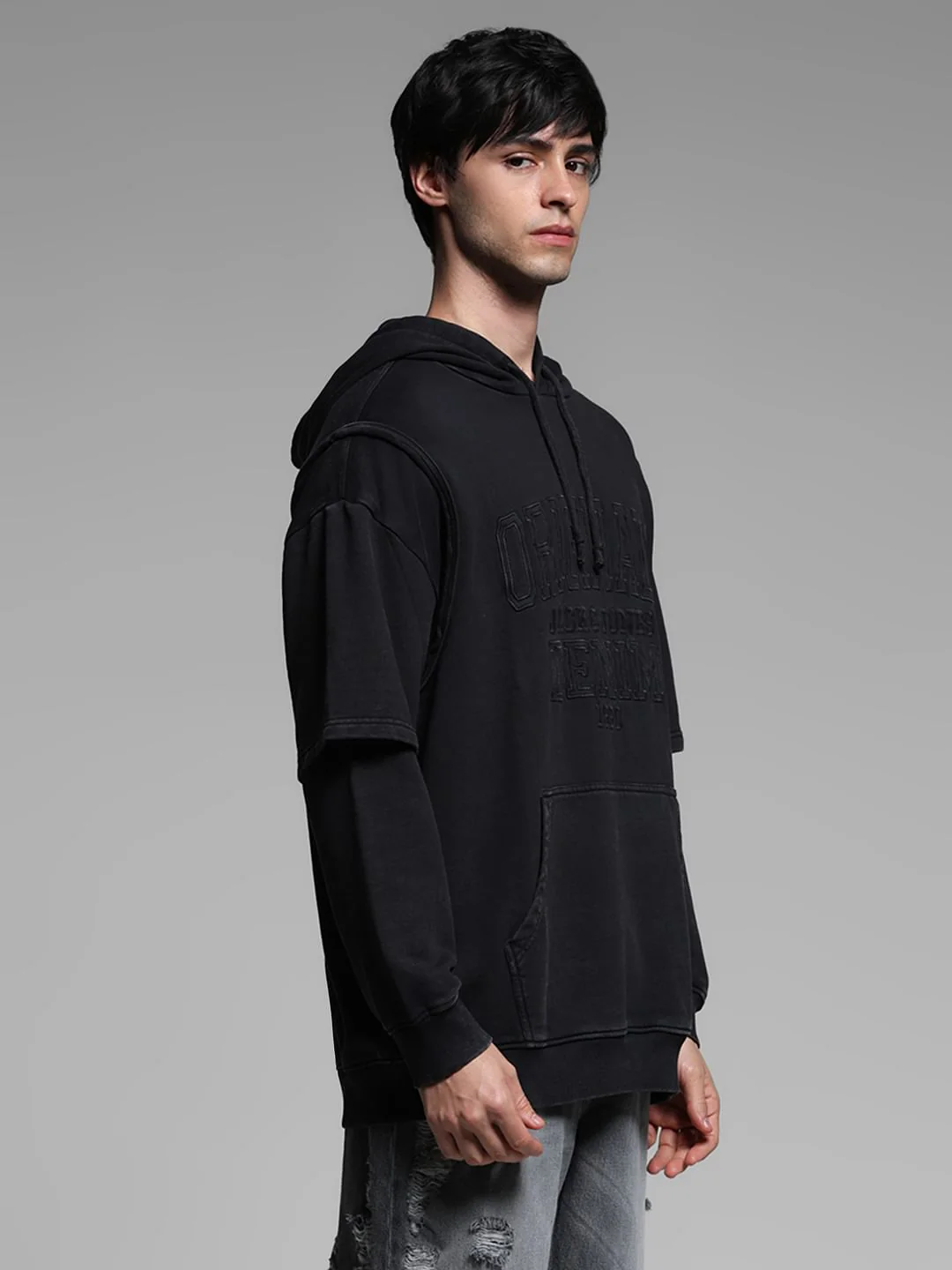 Black Applique Patchwork Hooded Sweatshirt - Image 3