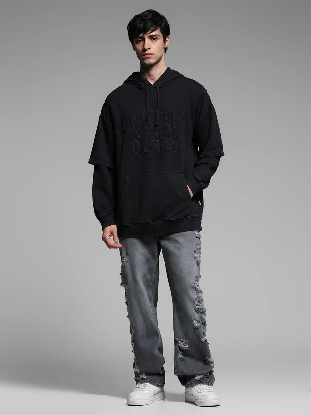 Black Applique Patchwork Hooded Sweatshirt - Image 6