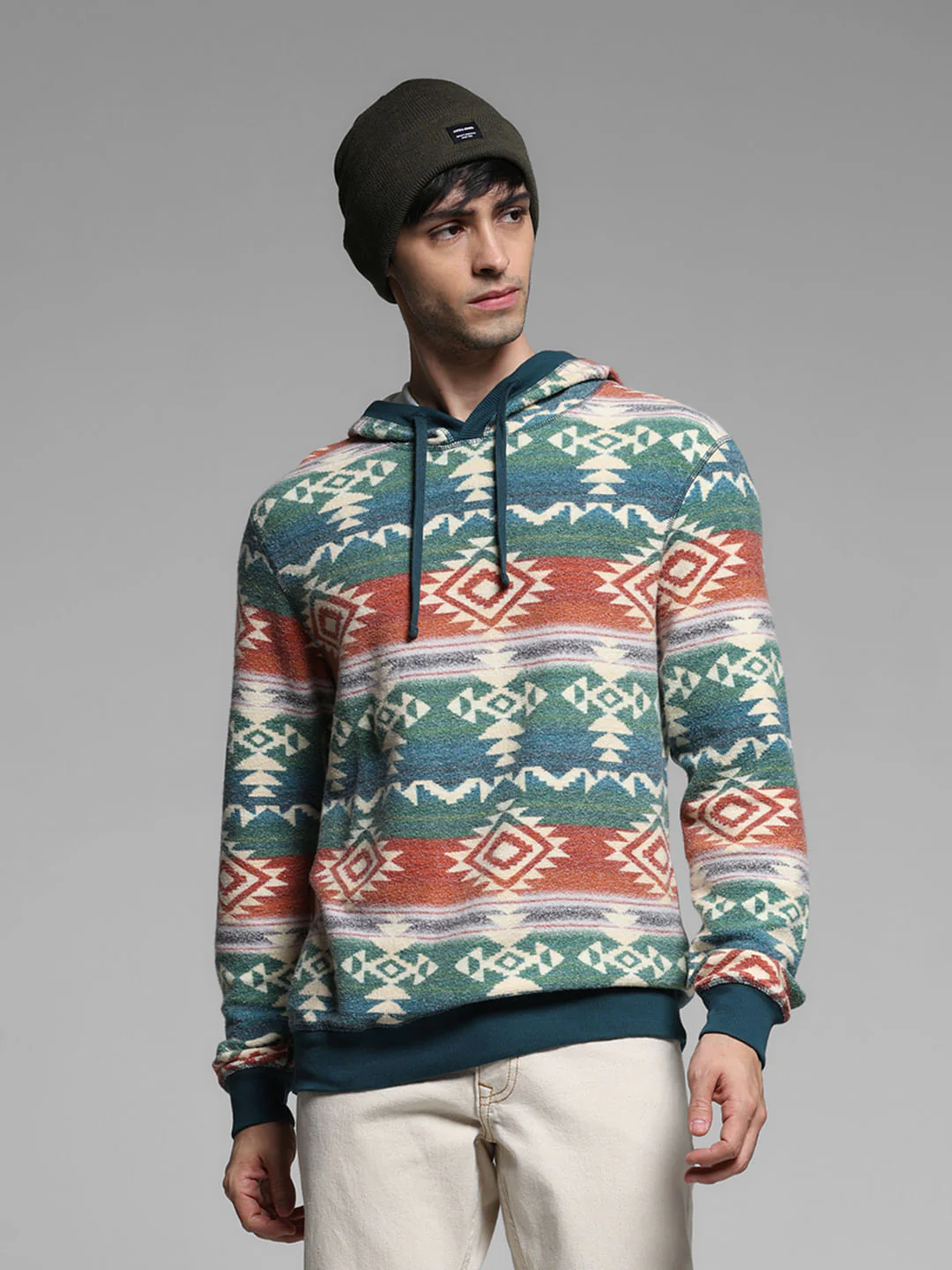 Green Printed Hooded Sweatshirt