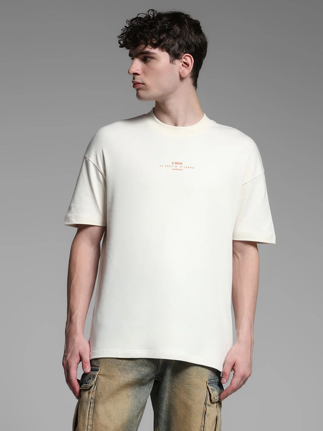 Beige Cotton Printed Oversized T-shirt - Image 2