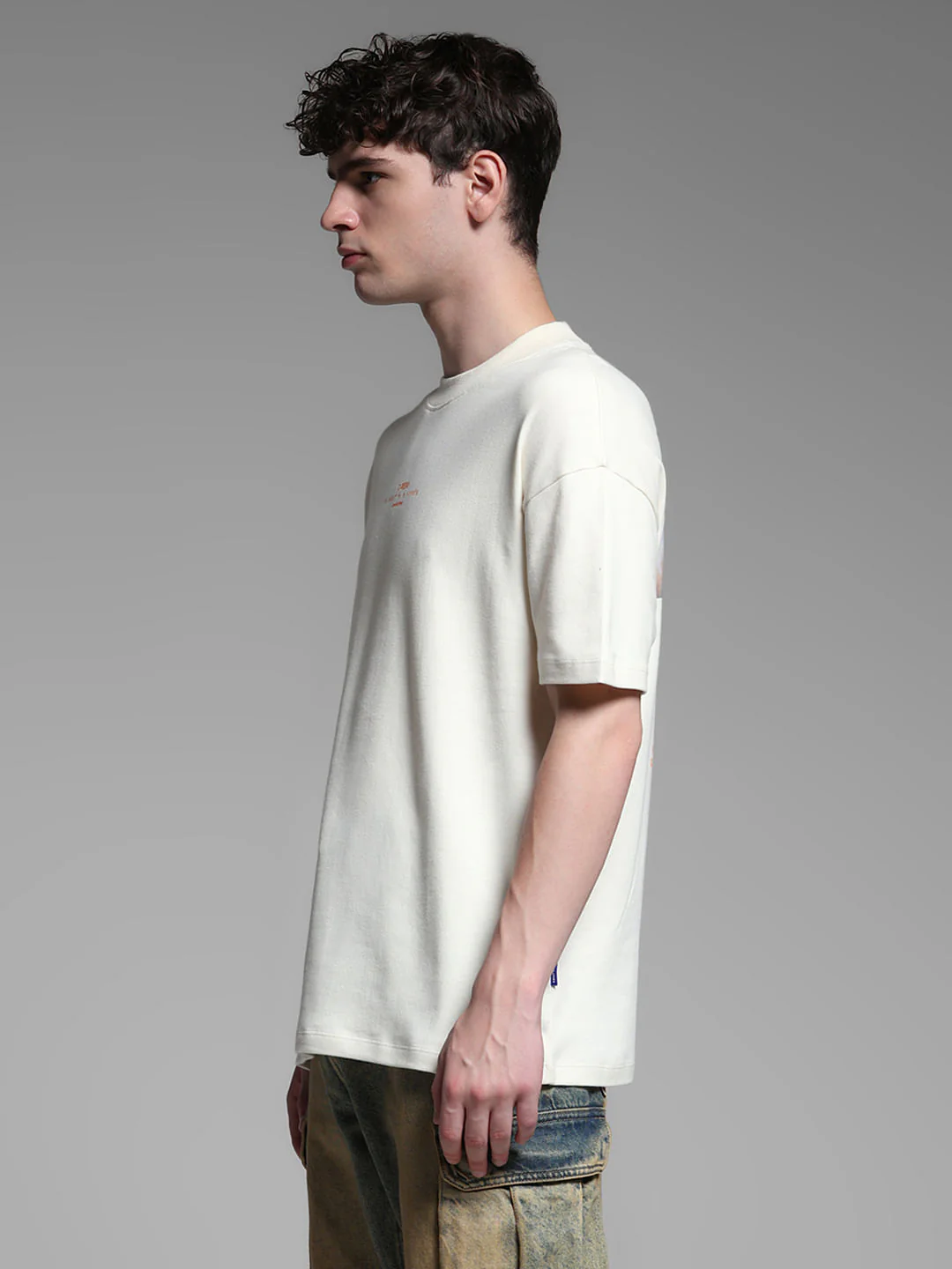 Beige Cotton Printed Oversized T-shirt - Image 3