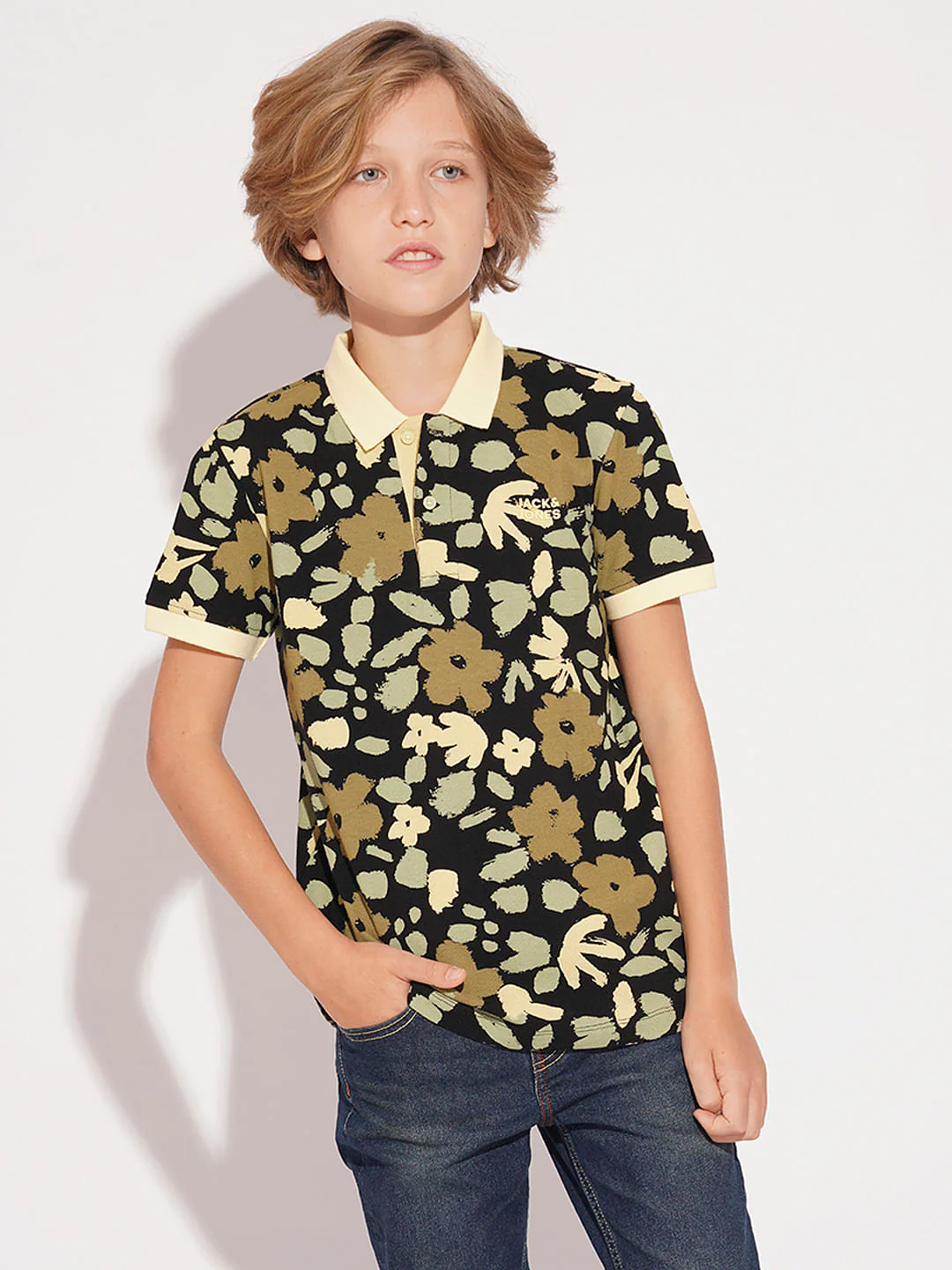 Boys Yellow Floral Cotton Polo - Image 2