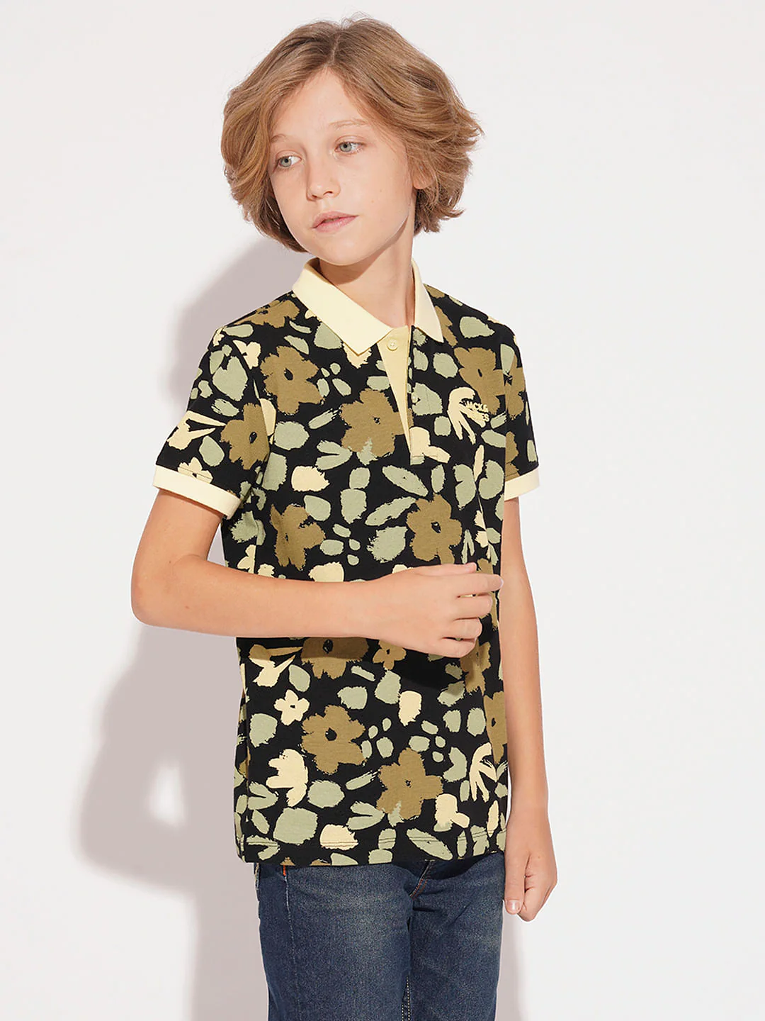 Boys Yellow Floral Cotton Polo - Image 3